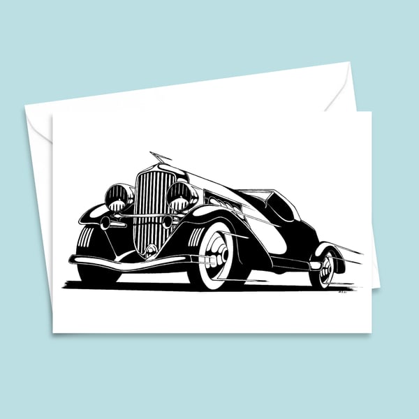 Classic American Car Greeting Card, Printed From Hand Drawn Pen and Ink Art