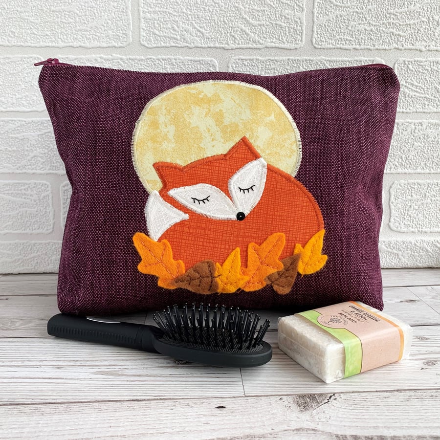 Sleepy Fox Toiletry Bag with Autumn Leaves and Harvest Moon