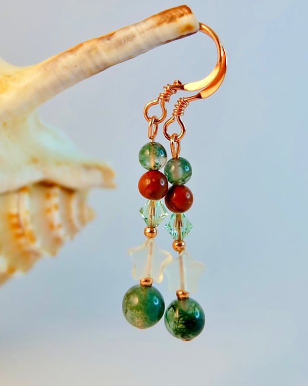 Moss Agate, Jade Star, Red Jasper & Crystal Earrings, Birthday Gifts For Her