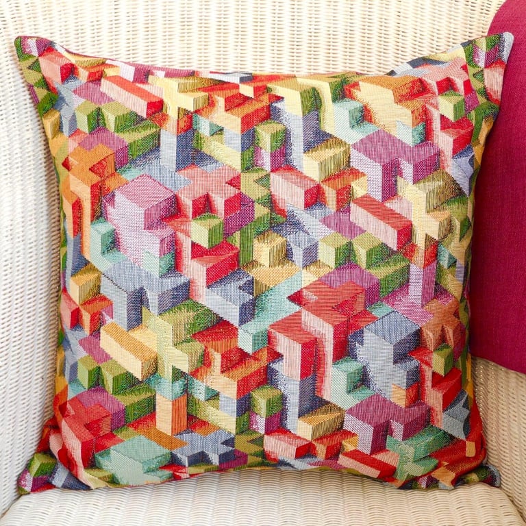 Scatter Cushion Cover: Tapestry Blocks design Pink reverse 17" (43cm)