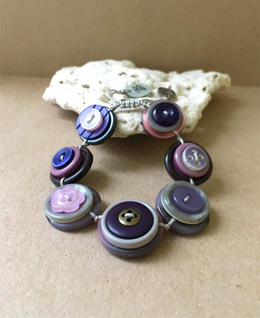 Purple and Lilac Colour Story Vintage Button Handmade Adjustable Bracelet