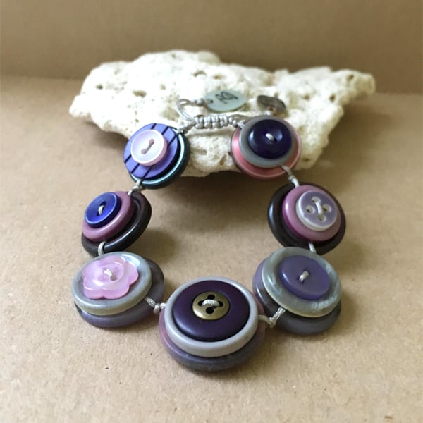Purple and Lilac Colour Story Vintage Button Handmade Adjustable Bracelet