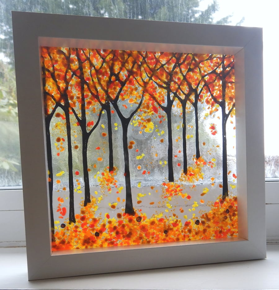 HANDMADE FUSED GLASS  'AUTUMN TREES' PICTURE