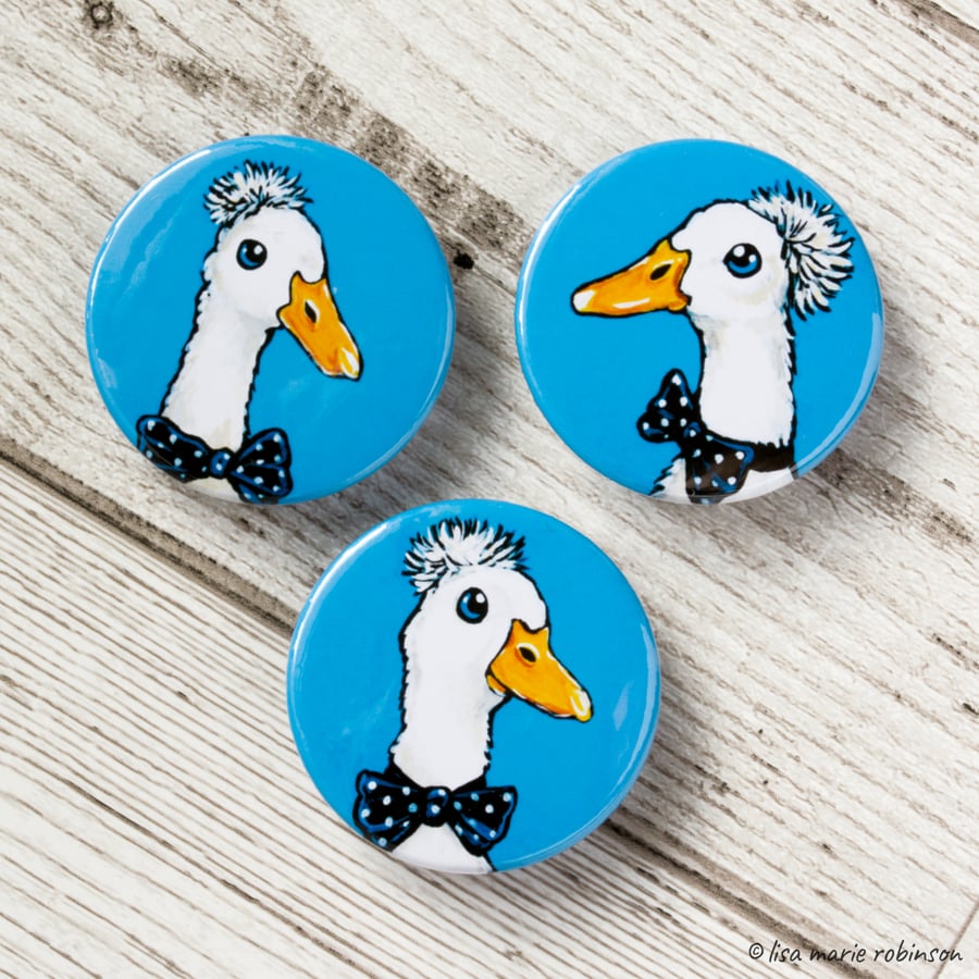 Funky White Ducks 38mm Button Badges - Triple Pack