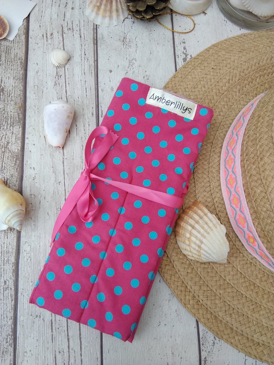 Make Up Cosmetic Roll in Polka Dot Fabric with Fleece Lining