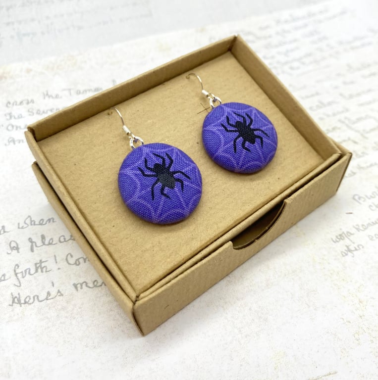 Black spider purple spider web fabric button dangle earrings