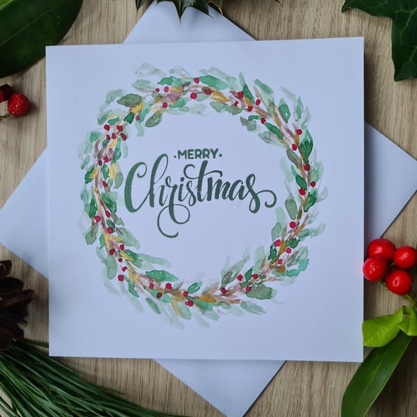 Handpainted wreath Christmas card with gold accents