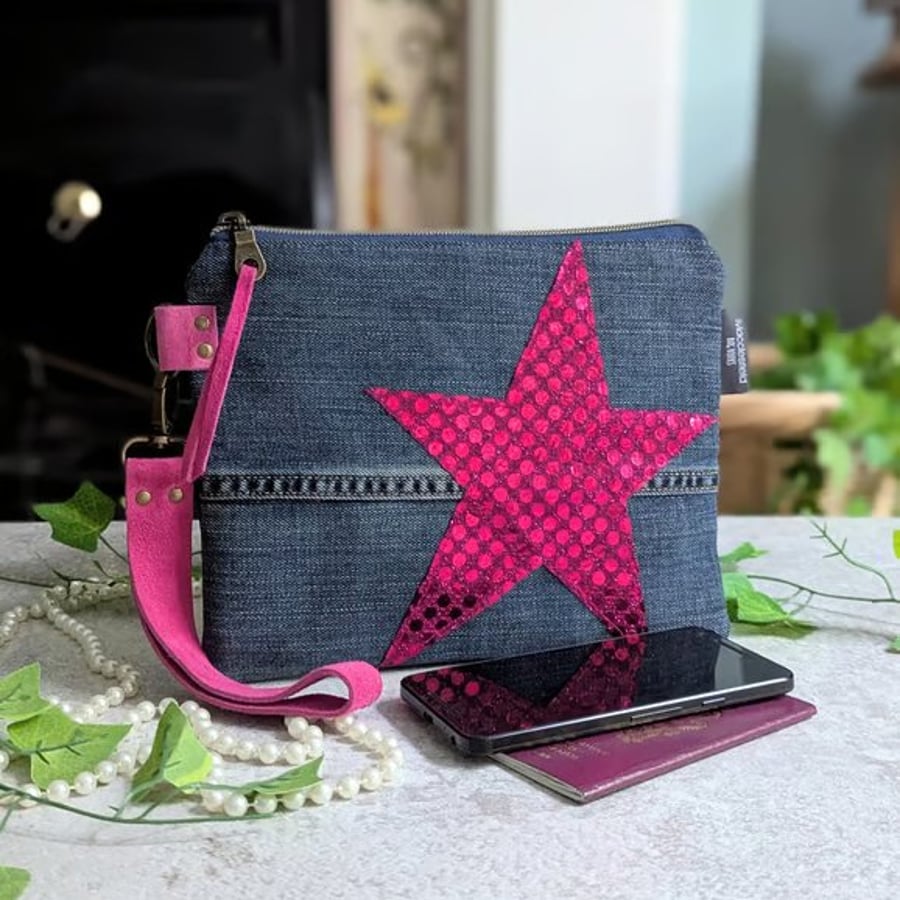Recycled Denim Clutch Bag with Vibrant Pink Star and Detachable Suede Strap