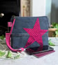 Recycled Denim Clutch Bag with Vibrant Pink Star and Detachable Suede Strap