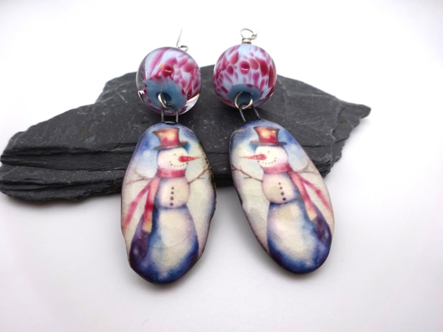blue and pink lampwork glass earrings, ceramic snowman