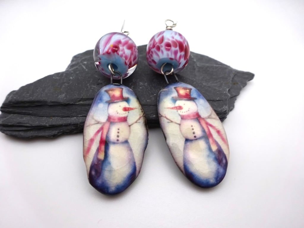 blue and pink lampwork glass earrings, ceramic snowman