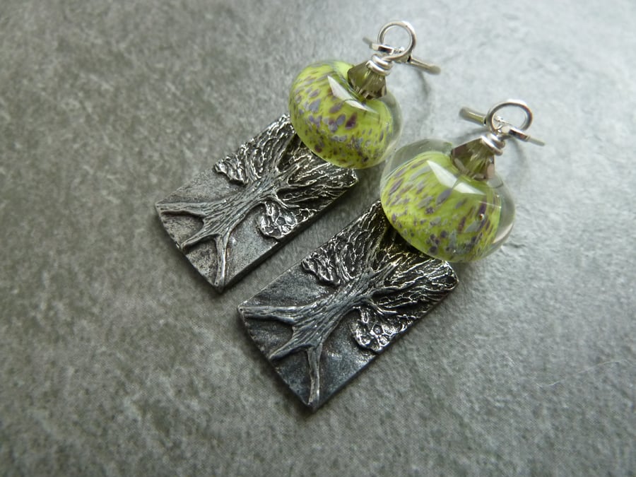 sterling silver earrings, green glass and pewter tree