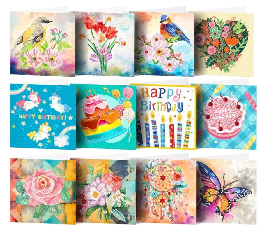 12pcs 5D DIY Diamond Painting Kit Birthday Thank you Greeting Card Kits For Adul