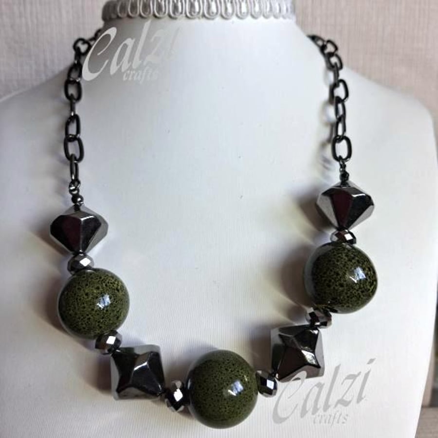 Chunky Green Ceramic & Gunmetal Necklace