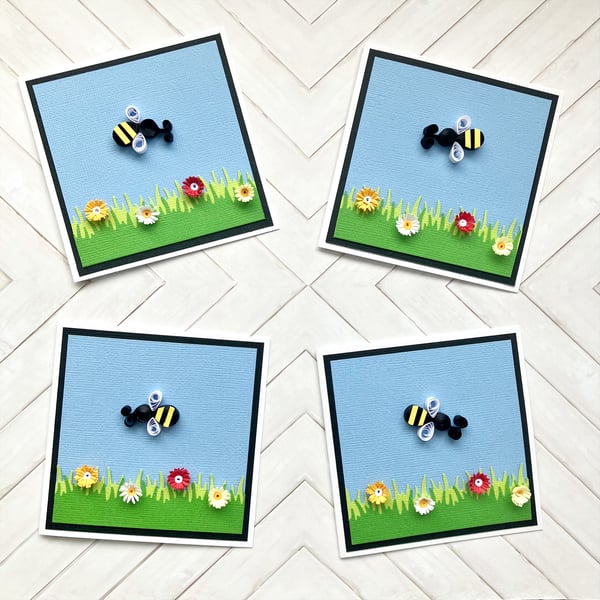 Blank cards - set of 4 quilled bees and flowers 