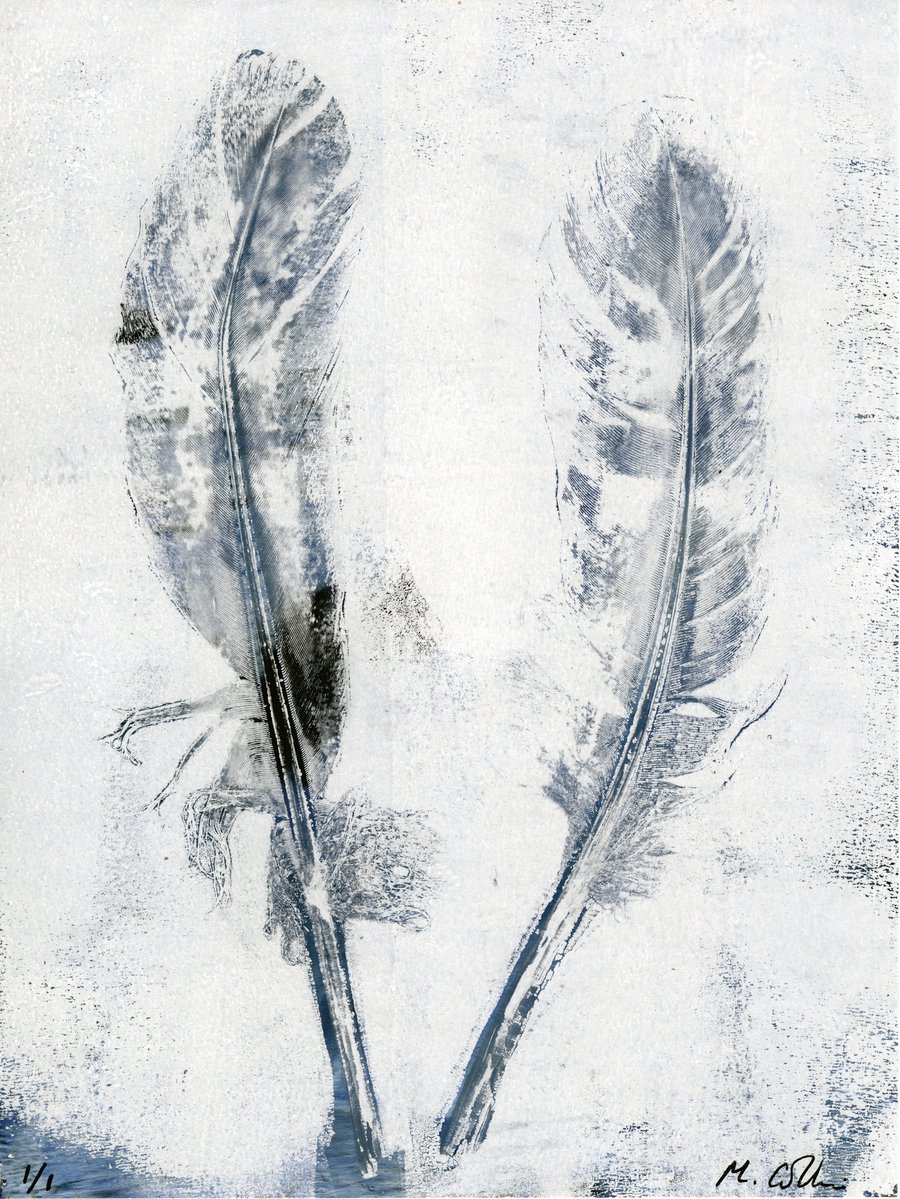 'Indigo Feathers' - Original one-off monoprint in acrylic unmounted