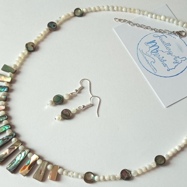Paua Abalone & Mother of Pearl Shell Necklace & Earrings Jewellery Gift Set