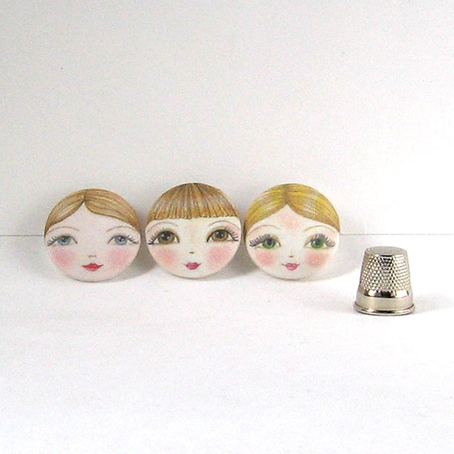 Doll Face Covered Buttons (Set of 3) 