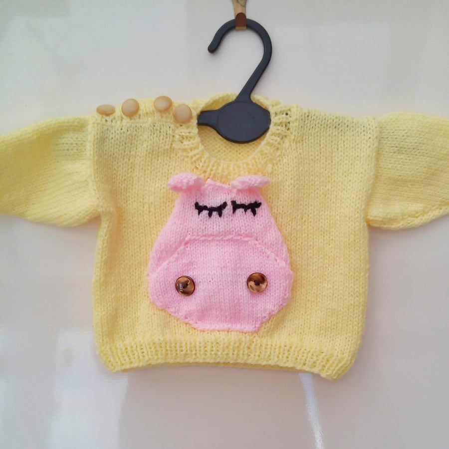 Hand Knitted Jumper with Hippo Motif for Babies and Small Children