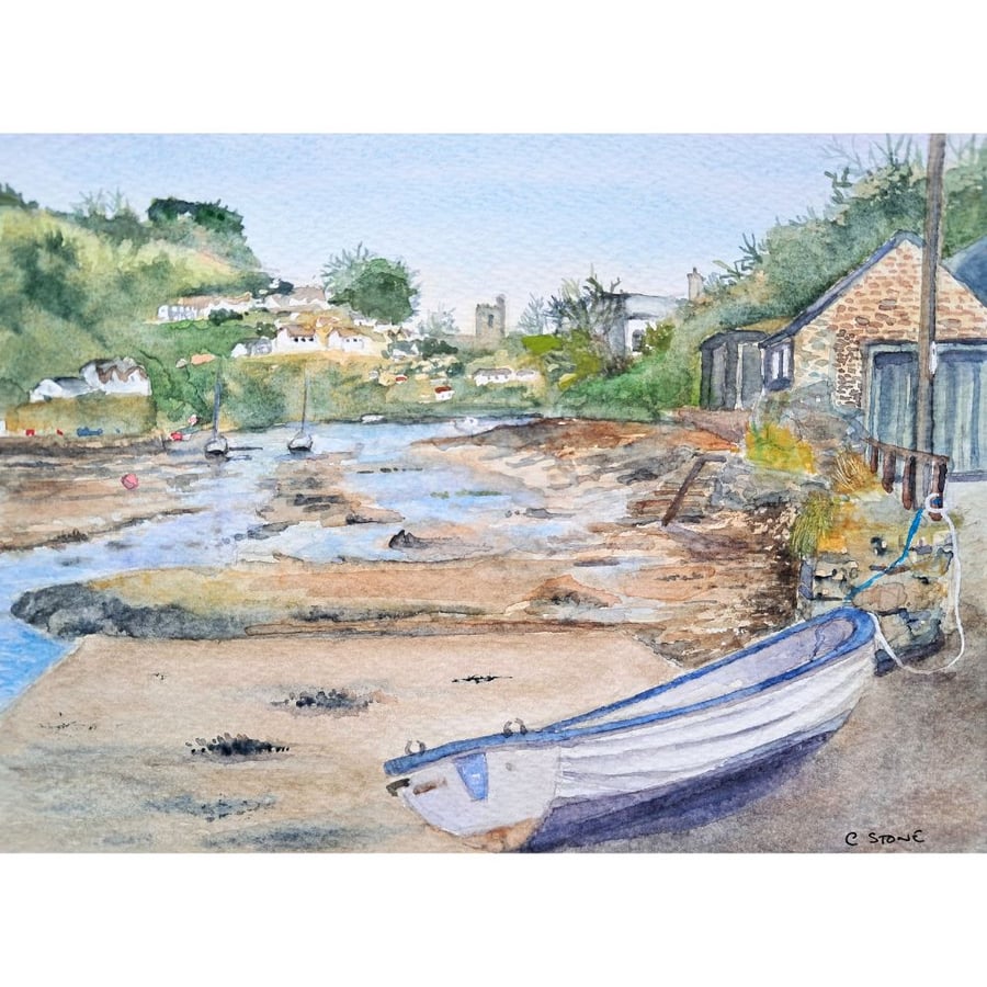 Noss Mayo Devon viewed from Bridgend Original Watercolour Painting Mounted