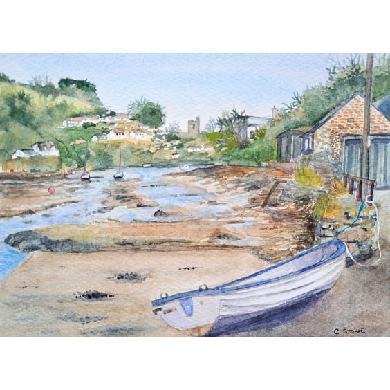Noss Mayo Devon viewed from Bridgend Original Watercolour Painting Mounted