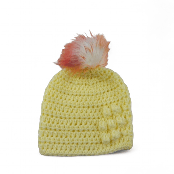 Lemon baby crocheted hat white faux fur pompom with orange purple & pink 