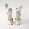 Wooden House on a Vintage Floral Bobbin with Clay Flower 'Home'