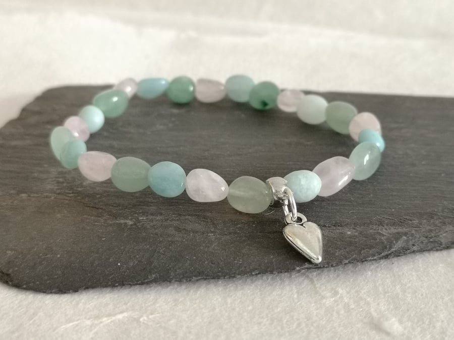 Heart chakra elastic rose quartz, green aventurine and amazonite bracelet