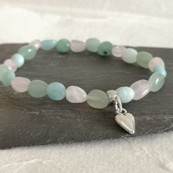 Heart chakra elastic rose quartz, green aventurine and amazonite bracelet