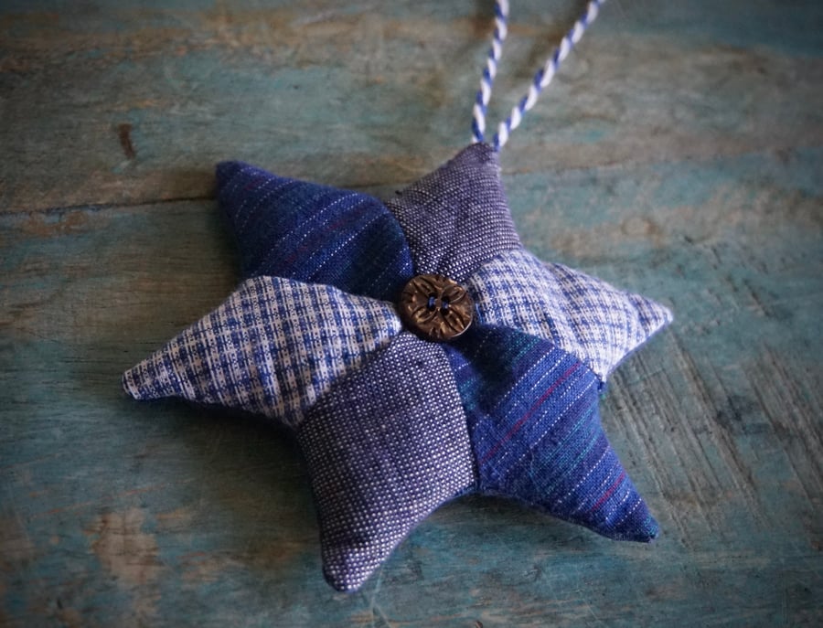 Indigo Fabric Star Ornament Handmade Christmas Ornament