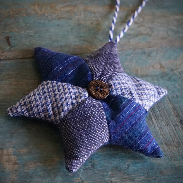 Indigo Fabric Star Ornament Handmade Christmas Ornament