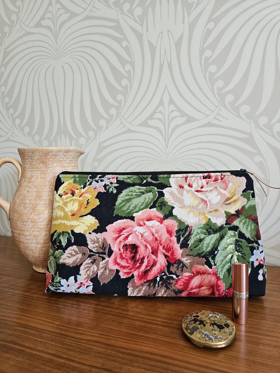 Vintage floral barkcloth black clutch bag