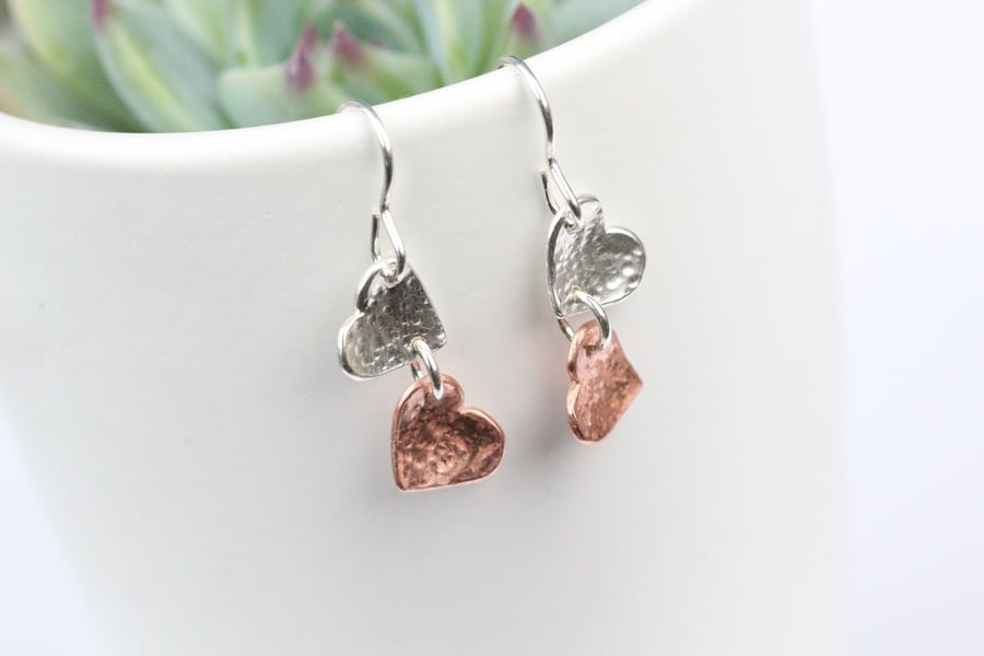 Silver an copper multiple hearts dangle earrings