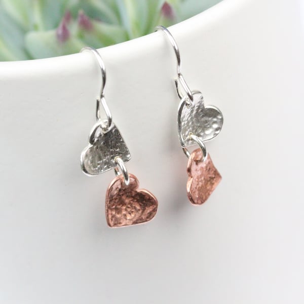 Silver an copper multiple hearts dangle earrings