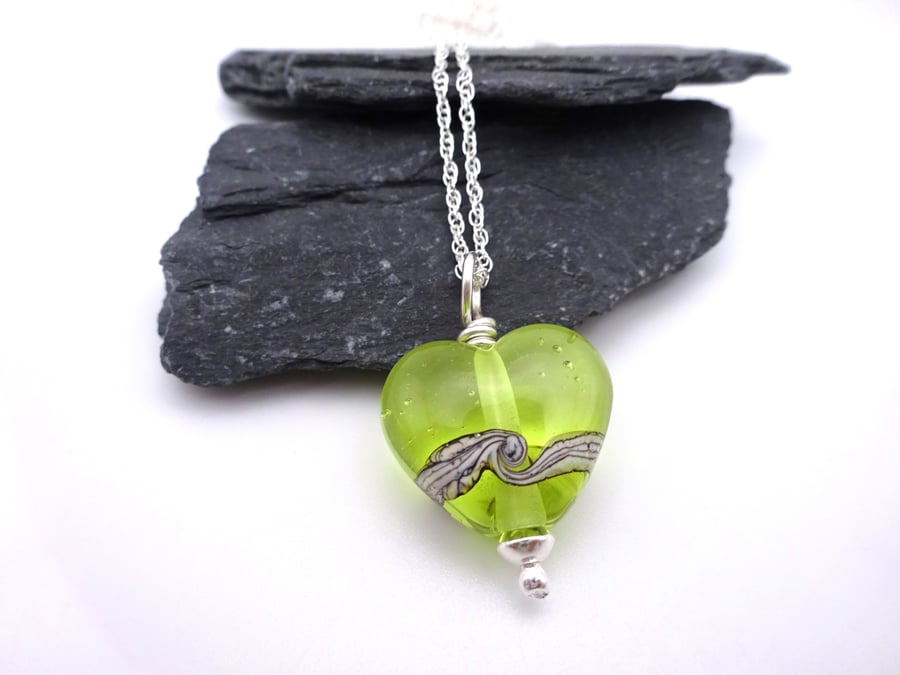 yellow green lampwork glass heart pendant necklace