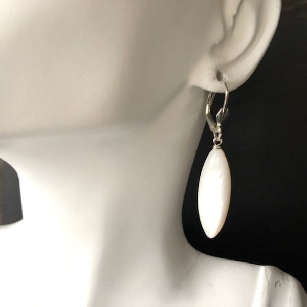 Long White Mother of Pearl Leverback Sterling Silver Earrings