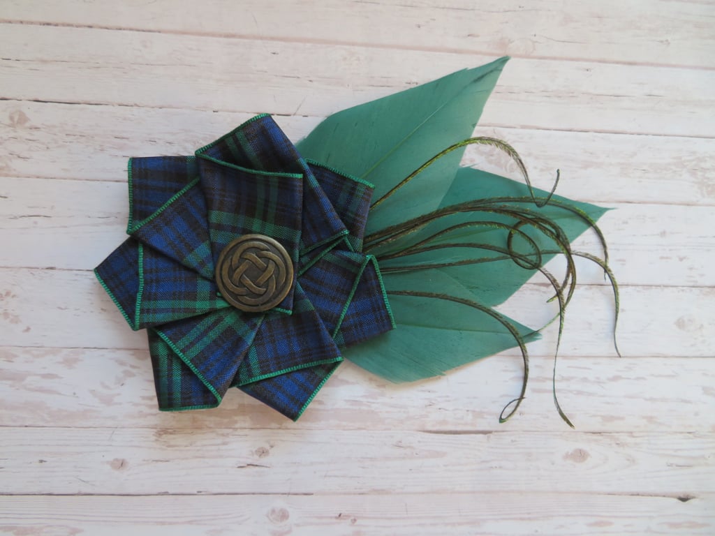 Black Watch Tartan Ruffle Celtic Button and Bottle Green Feather Hat Hair Clip