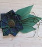 Black Watch Tartan Ruffle Celtic Button and Bottle Green Feather Hat Hair Clip