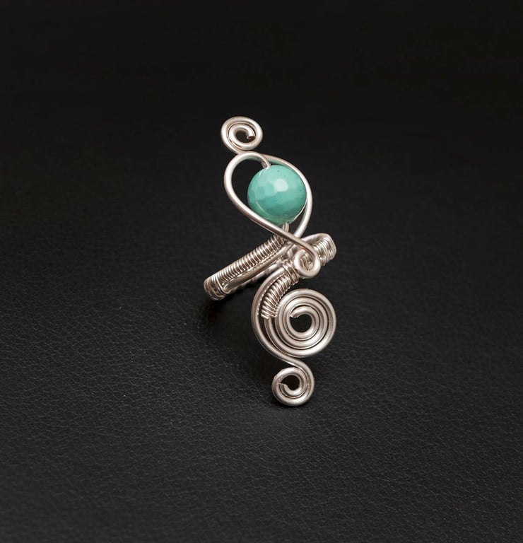 Wire wrapped gemstone ring, Silver plated copper adjustable ring, Gemstone