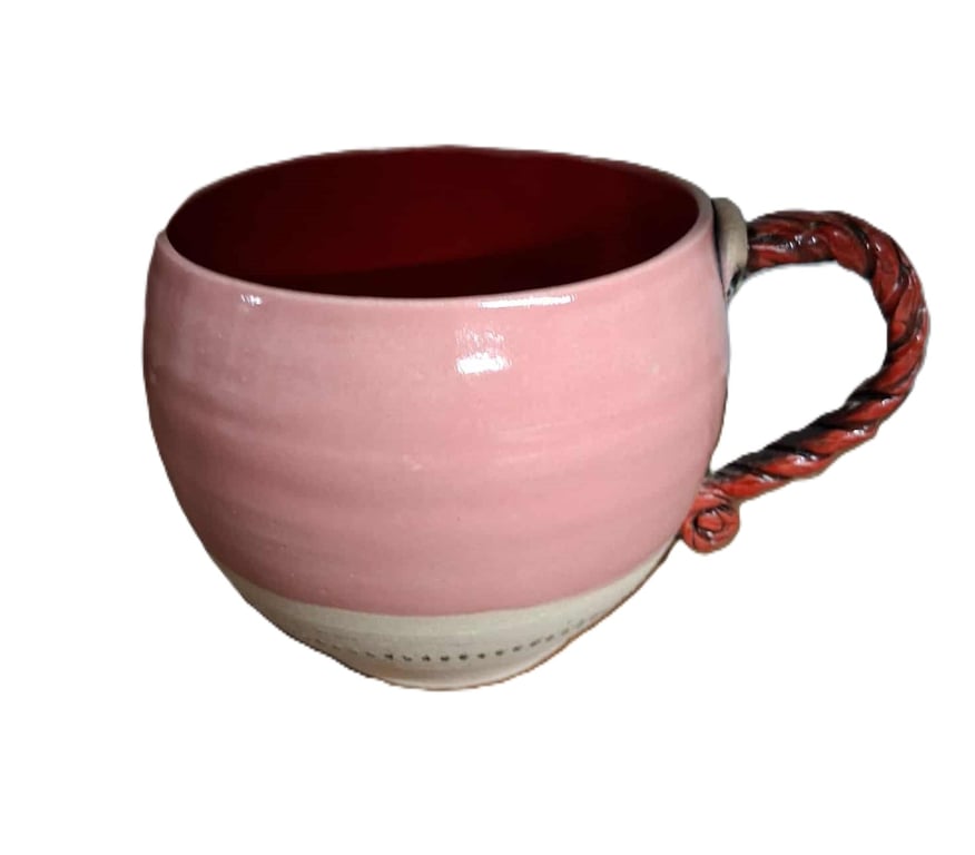 Ceramic wheel thrown Red and Pink Round mug with Twisted Handles.