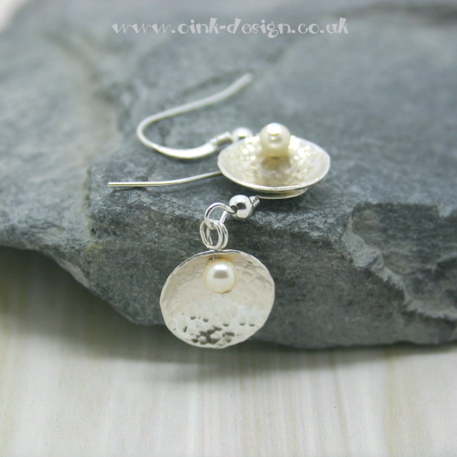  Sterling silver drop earrings, hammered finish, domed with a swarovski pearl