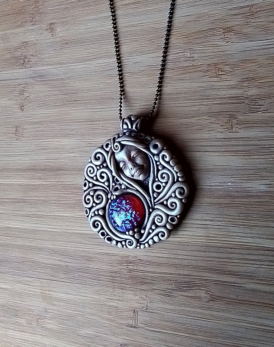Dragon's Breath Opal and Polymer Clay Goddess Amulet Pendant 