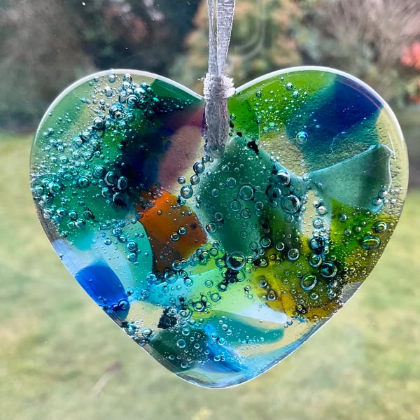 Glass fused hearts window hanging