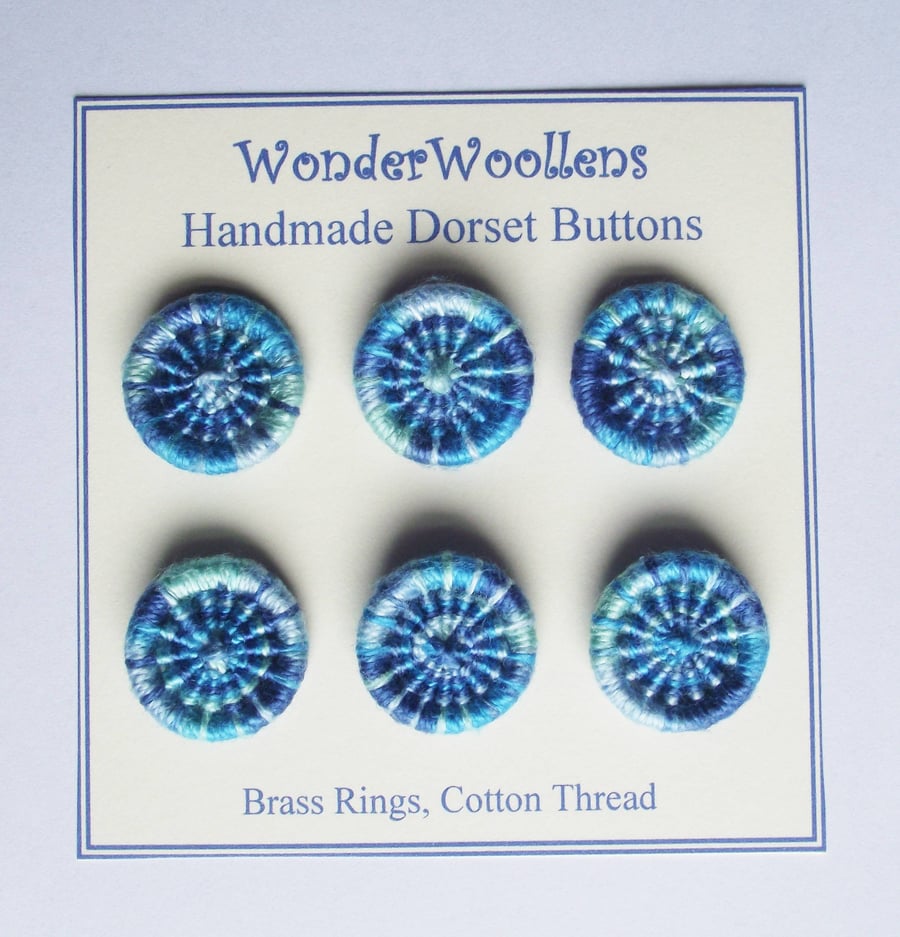 Dorset Buttons or Embellishments, Six x 2cm, Handmade from Blue Cotton thread 