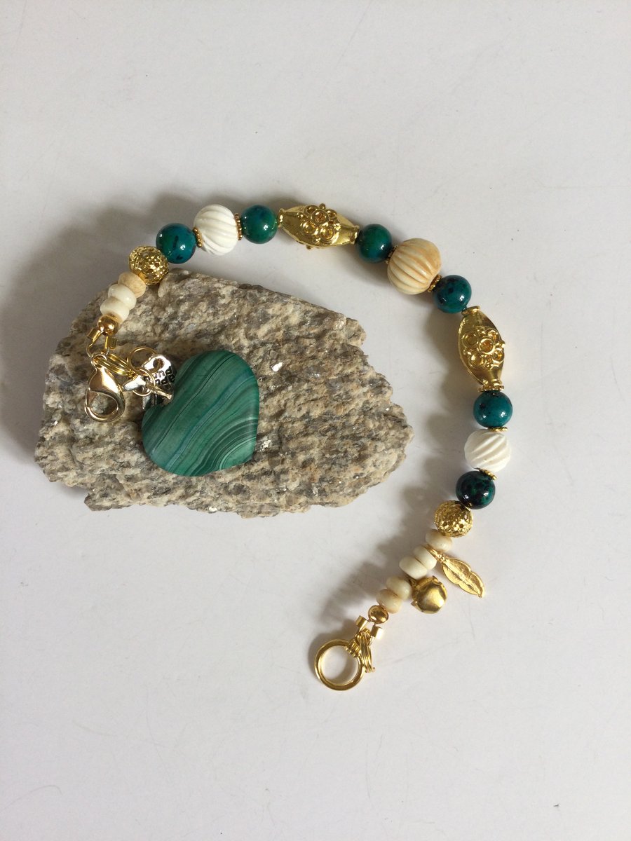 Malachite gold and bone heart charm bracelet 