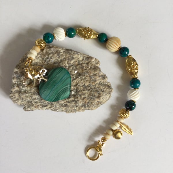Malachite gold and bone heart charm bracelet 