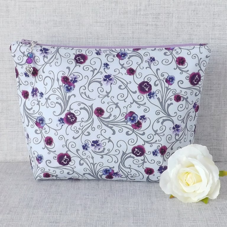 Large zipped pouch, project bag, cosmetic bag, floral