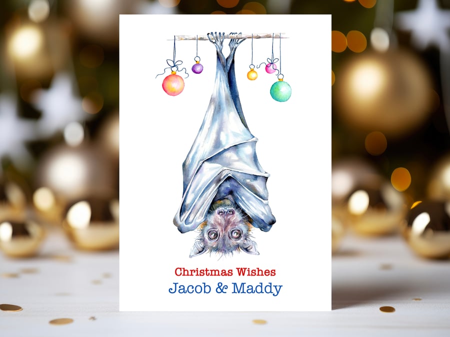 Flying Fox Christmas Card, personalised message and names, 2 sizes