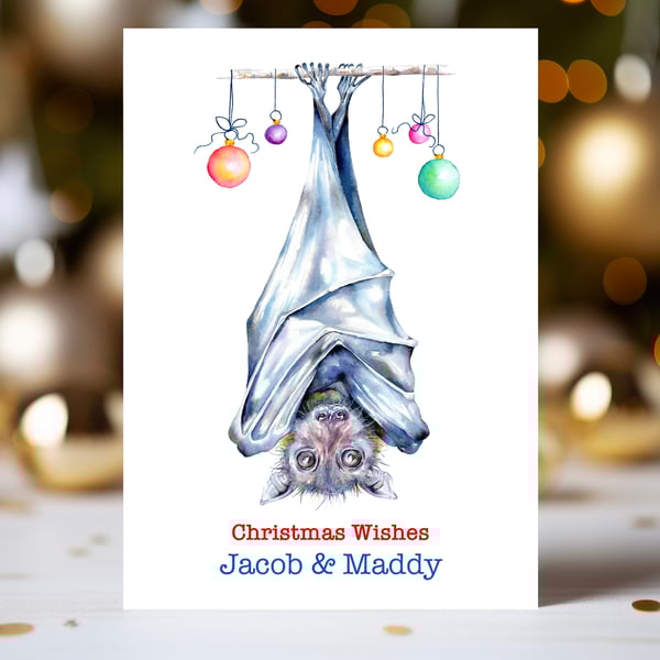 Flying Fox Christmas Card, personalised message and names, 2 sizes