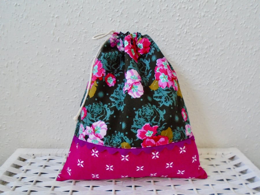 Floral Cotton Drawstring Bag - Folksy